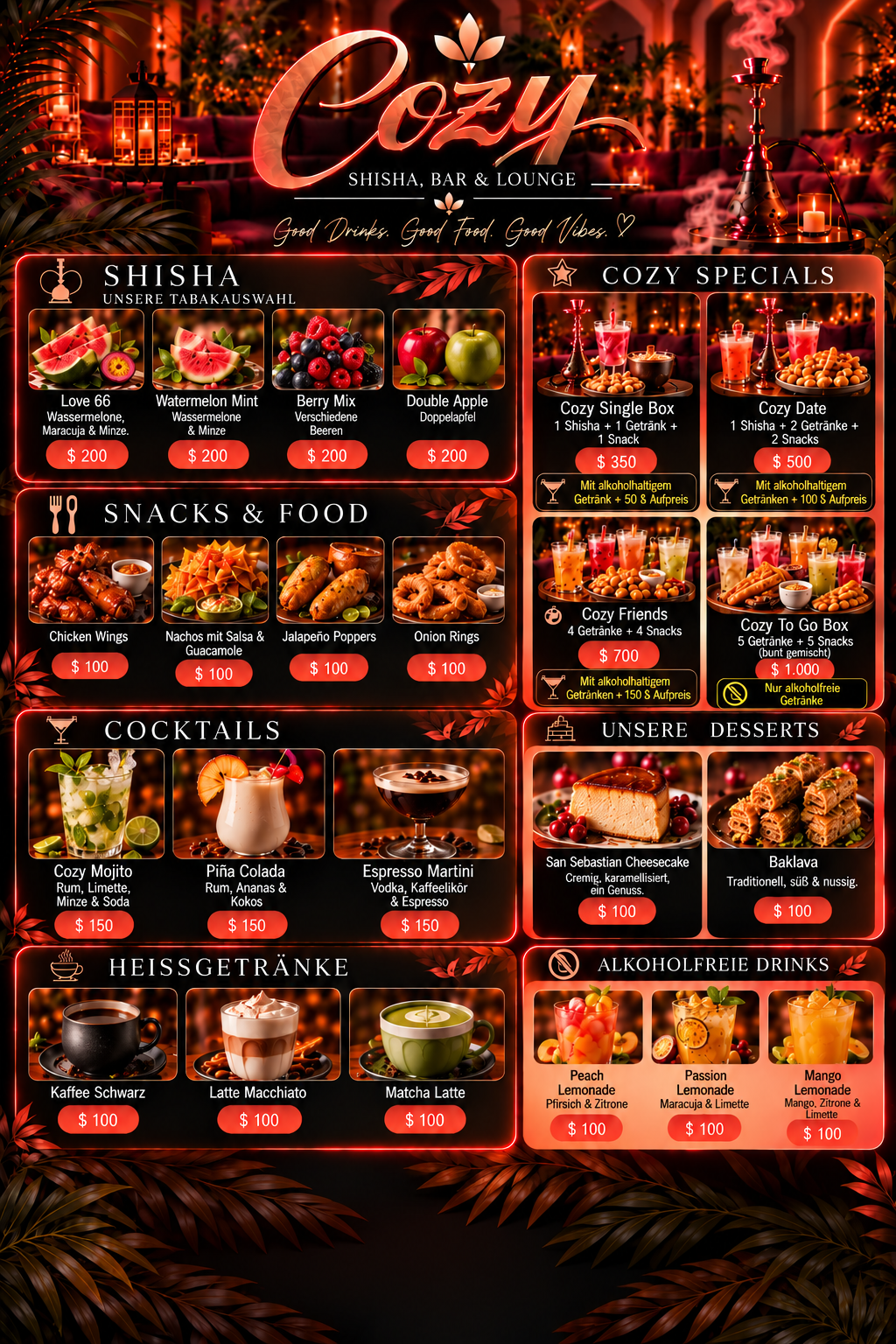 Speisekarte von Cozy Shisha, Bar & Lounge
